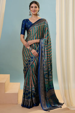 Scintilla Dark Green Ajrakh Printed Semi Modal Silk Saree With Demure Blouse Piece