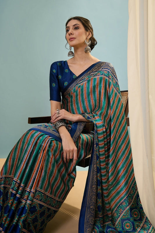 Scintilla Dark Green Ajrakh Printed Semi Modal Silk Saree With Demure Blouse Piece