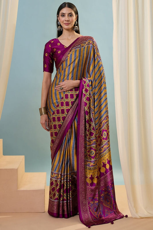 Tremendous Yellow Ajrakh Printed Semi Modal Silk Saree With Resplendent Blouse Piece