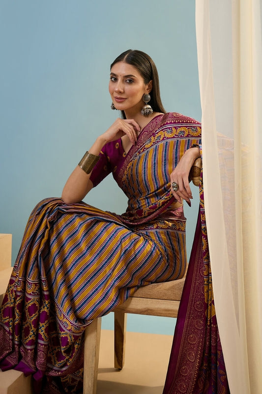 Tremendous Yellow Ajrakh Printed Semi Modal Silk Saree With Resplendent Blouse Piece