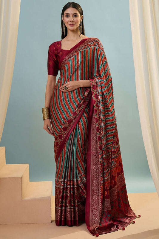 Prominent Red Ajrakh Printed Semi Modal Silk Saree With Dazzling Blouse Piece