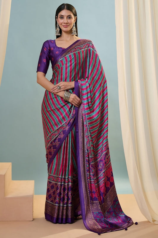 Scrumptious Purple Ajrakh Printed Semi Modal Silk Saree With Splendiferous Blouse Piece