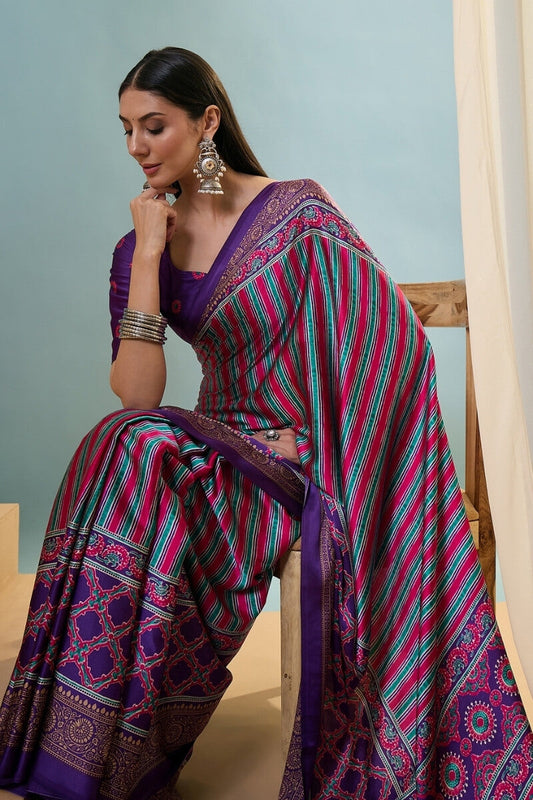 Scrumptious Purple Ajrakh Printed Semi Modal Silk Saree With Splendiferous Blouse Piece