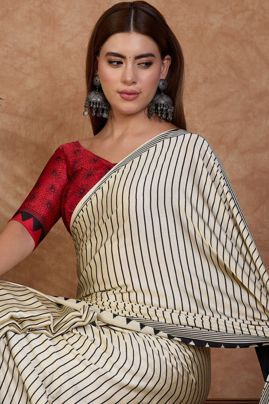 Incredible Off White Ajrakh Printed Semi Modal Silk Saree With Magnificat Blouse Piece