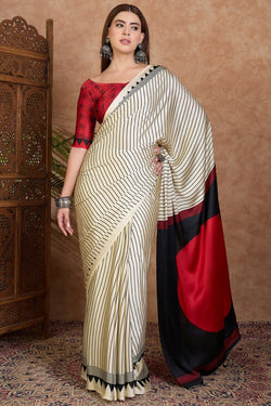 Incredible Off White Ajrakh Printed Semi Modal Silk Saree With Magnificat Blouse Piece