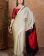 Incredible Off White Ajrakh Printed Semi Modal Silk Saree With Magnificat Blouse Piece