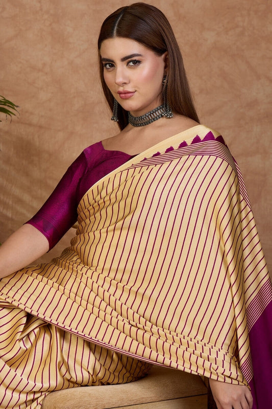 Refreshing Beige Ajrakh Printed Semi Modal Silk Saree With Splendorous Blouse Piece