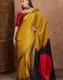 Appealing Yellow Ajrakh Printed Semi Modal Silk Saree With Dalliance Blouse Piece