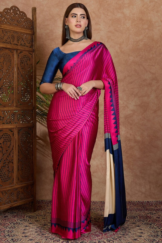 Dissemble Dark Pink Ajrakh Printed Semi Modal Silk Saree With Stylish Blouse Piece