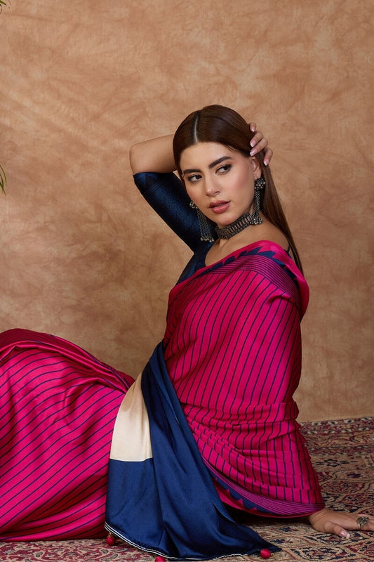 Dissemble Dark Pink Ajrakh Printed Semi Modal Silk Saree With Stylish Blouse Piece