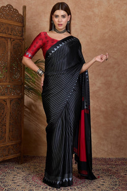 Exquisite Black Ajrakh Printed Semi Modal Silk Saree With Ineffable Blouse Piece