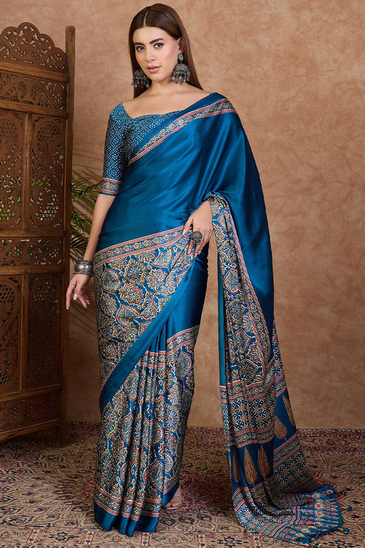 Glamorous Rama Ajrakh Printed Semi Modal Silk Saree With Outstanding Blouse Piece