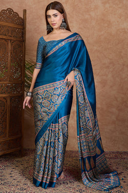 Glamorous Rama Ajrakh Printed Semi Modal Silk Saree With Outstanding Blouse Piece