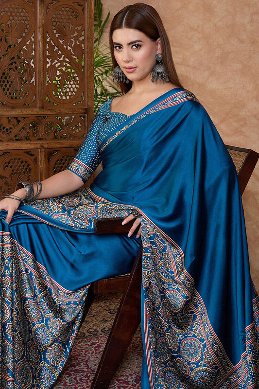 Glamorous Rama Ajrakh Printed Semi Modal Silk Saree With Outstanding Blouse Piece