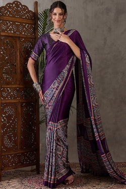 Glittering Purple Ajrakh Printed Semi Modal Silk Saree With Smashing Blouse Piece