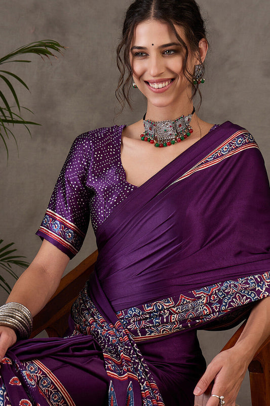 Glittering Purple Ajrakh Printed Semi Modal Silk Saree With Smashing Blouse Piece