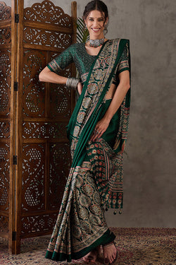 Most Luminous Dark Green Ajrakh Printed Semi Modal Silk Saree With Sonorous Blouse Piece