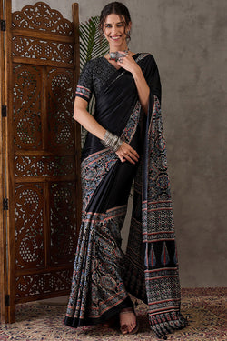 Delightful Black Ajrakh Printed Semi Modal Silk Saree With Luxuriant Blouse Piece