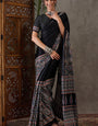 Delightful Black Ajrakh Printed Semi Modal Silk Saree With Luxuriant Blouse Piece