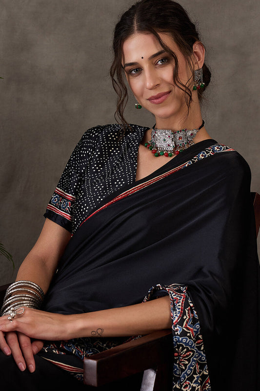 Delightful Black Ajrakh Printed Semi Modal Silk Saree With Luxuriant Blouse Piece