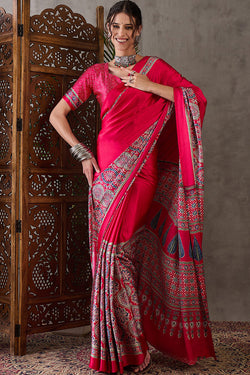 Epiphany Dark Pink Ajrakh Printed Semi Modal Silk Saree With Whimsical Blouse Piece