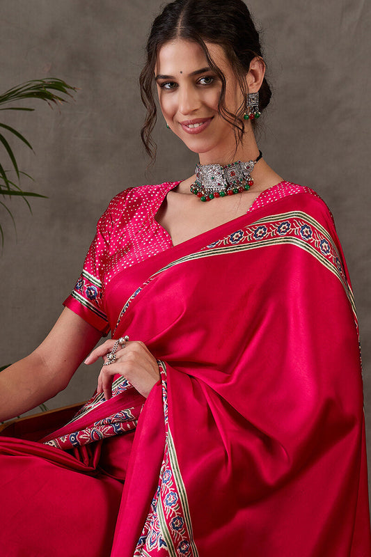 Epiphany Dark Pink Ajrakh Printed Semi Modal Silk Saree With Whimsical Blouse Piece