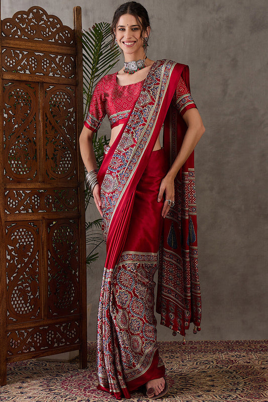 Admirable Maroon Ajrakh Printed Semi Modal Silk Saree With Deserving Blouse Piece