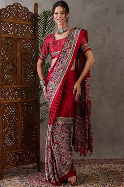 Admirable Maroon Ajrakh Printed Semi Modal Silk Saree With Deserving Blouse Piece