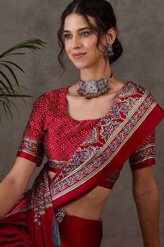 Admirable Maroon Ajrakh Printed Semi Modal Silk Saree With Deserving Blouse Piece