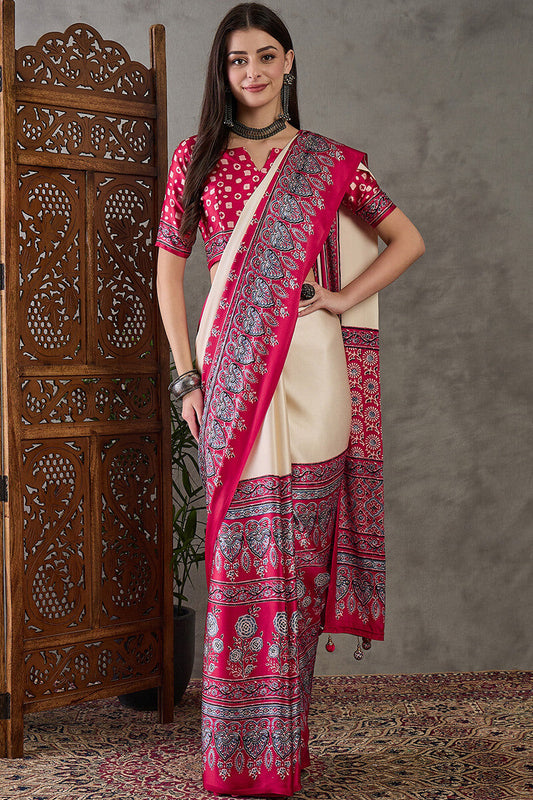 Dulcet Off White Ajrakh Printed Semi Modal Silk Saree With Intricate Blouse Piece