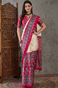 Dulcet Off White Ajrakh Printed Semi Modal Silk Saree With Intricate Blouse Piece