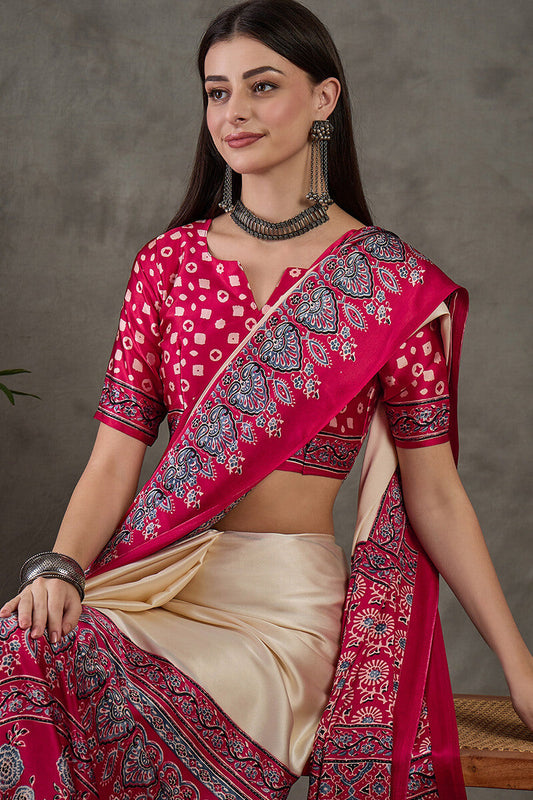 Dulcet Off White Ajrakh Printed Semi Modal Silk Saree With Intricate Blouse Piece