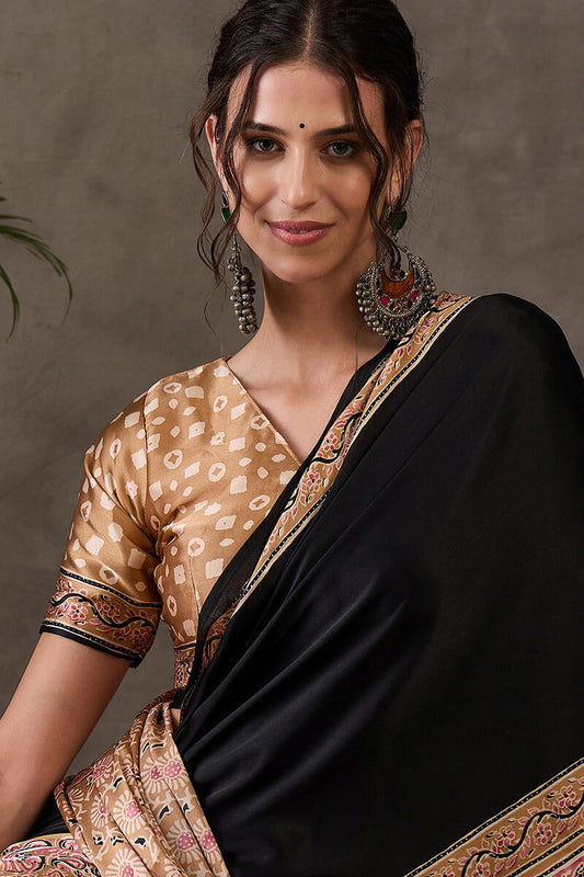 Energetic Black Ajrakh Printed Semi Modal Silk Saree With Pleasant Blouse Piece