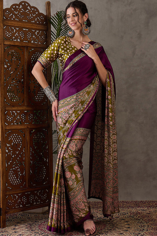 Enthralling Purple Ajrakh Printed Semi Modal Silk Saree With Divine Blouse Piece