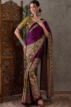 Enthralling Purple Ajrakh Printed Semi Modal Silk Saree With Divine Blouse Piece