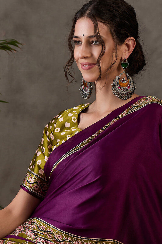 Enthralling Purple Ajrakh Printed Semi Modal Silk Saree With Divine Blouse Piece