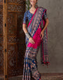 Blooming Dark Pink Ajrakh Printed Semi Modal Silk Saree With Delectable Blouse Piece