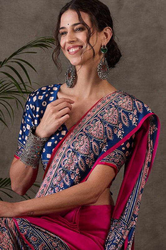 Blooming Dark Pink Ajrakh Printed Semi Modal Silk Saree With Delectable Blouse Piece