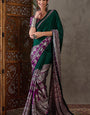 Improbable Dark Green Ajrakh Printed Semi Modal Silk Saree With Nebula Blouse Piece