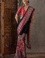 Adorable Black Ajrakh Printed Semi Modal Silk Saree With Efflorescence Blouse Piece