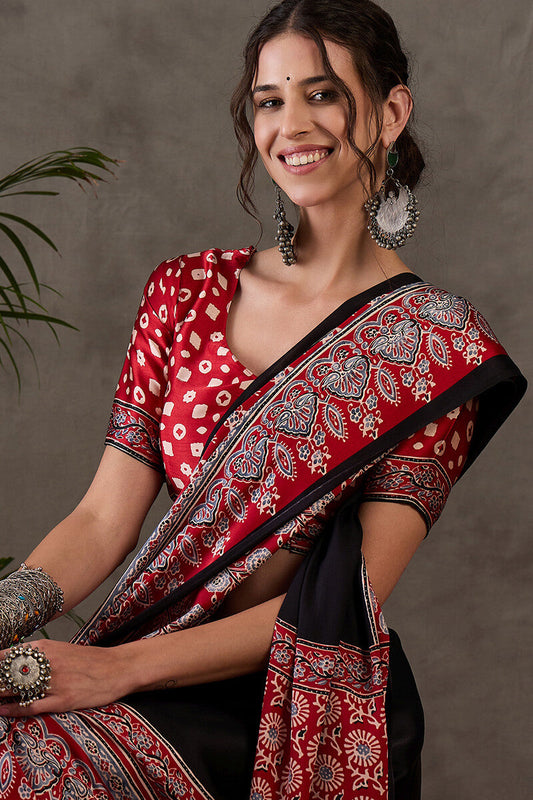 Adorable Black Ajrakh Printed Semi Modal Silk Saree With Efflorescence Blouse Piece