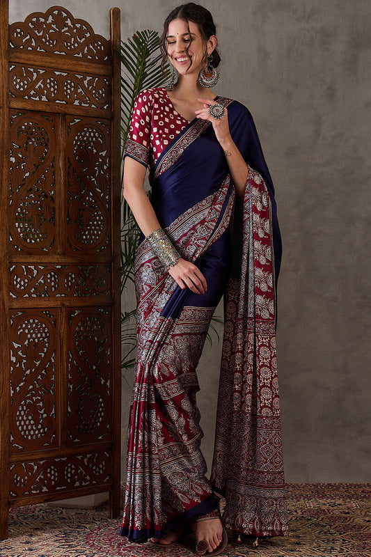 Classic Navy Blue Ajrakh Printed Semi Modal Silk Saree With Exuberant Blouse Piece