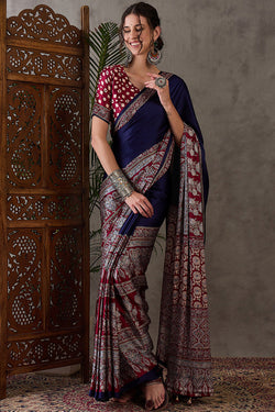 Classic Navy Blue Ajrakh Printed Semi Modal Silk Saree With Exuberant Blouse Piece