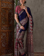 Classic Navy Blue Ajrakh Printed Semi Modal Silk Saree With Exuberant Blouse Piece