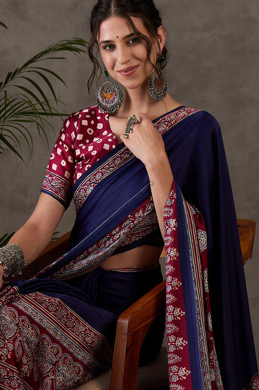 Classic Navy Blue Ajrakh Printed Semi Modal Silk Saree With Exuberant Blouse Piece