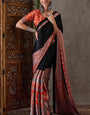 Ethnic Black Ajrakh Printed Semi Modal Silk Saree With Opulent Blouse Piece