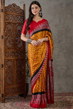 Skinny Yellow Ajrakh Printed Semi Modal Silk Saree With Classy Blouse Piece