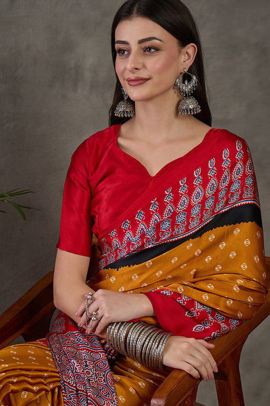 Skinny Yellow Ajrakh Printed Semi Modal Silk Saree With Classy Blouse Piece