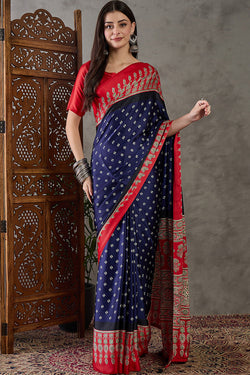 Most Stunning Navy Blue Ajrakh Printed Semi Modal Silk Saree With Twirling Blouse Piece