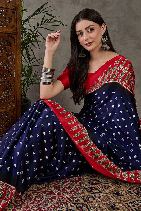 Most Stunning Navy Blue Ajrakh Printed Semi Modal Silk Saree With Twirling Blouse Piece